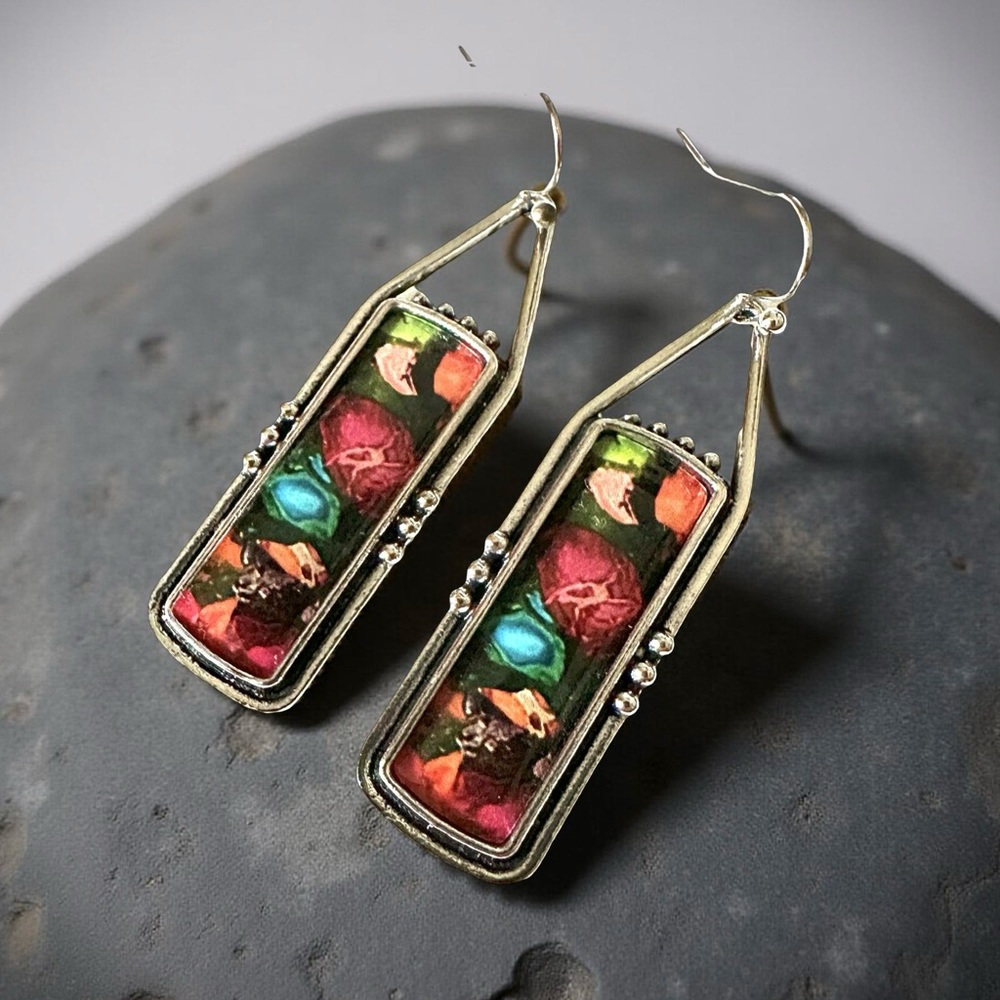Boho Multicolor Geometric Drop Earrings Silver Tone Lightweight Dangle Gift